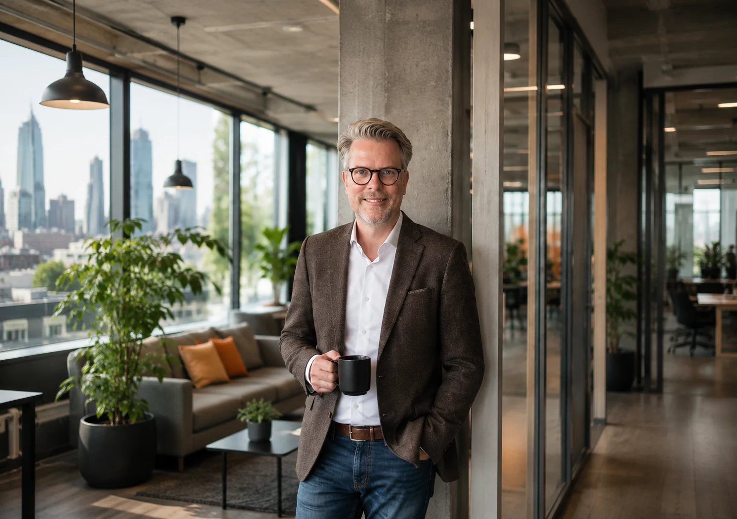 Ilja Doert in moderner Büroumgebung mit Blick auf eine Stadt